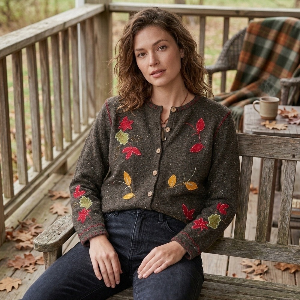 Holiday Lodge Cardigan Sweater Womens L/XL Brown Leaf Embroidered Indie Harvest